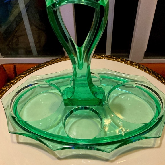 VINTAGE GREEN GLASS CONDIMENT SERVING TRAY - Picture 1 of 5